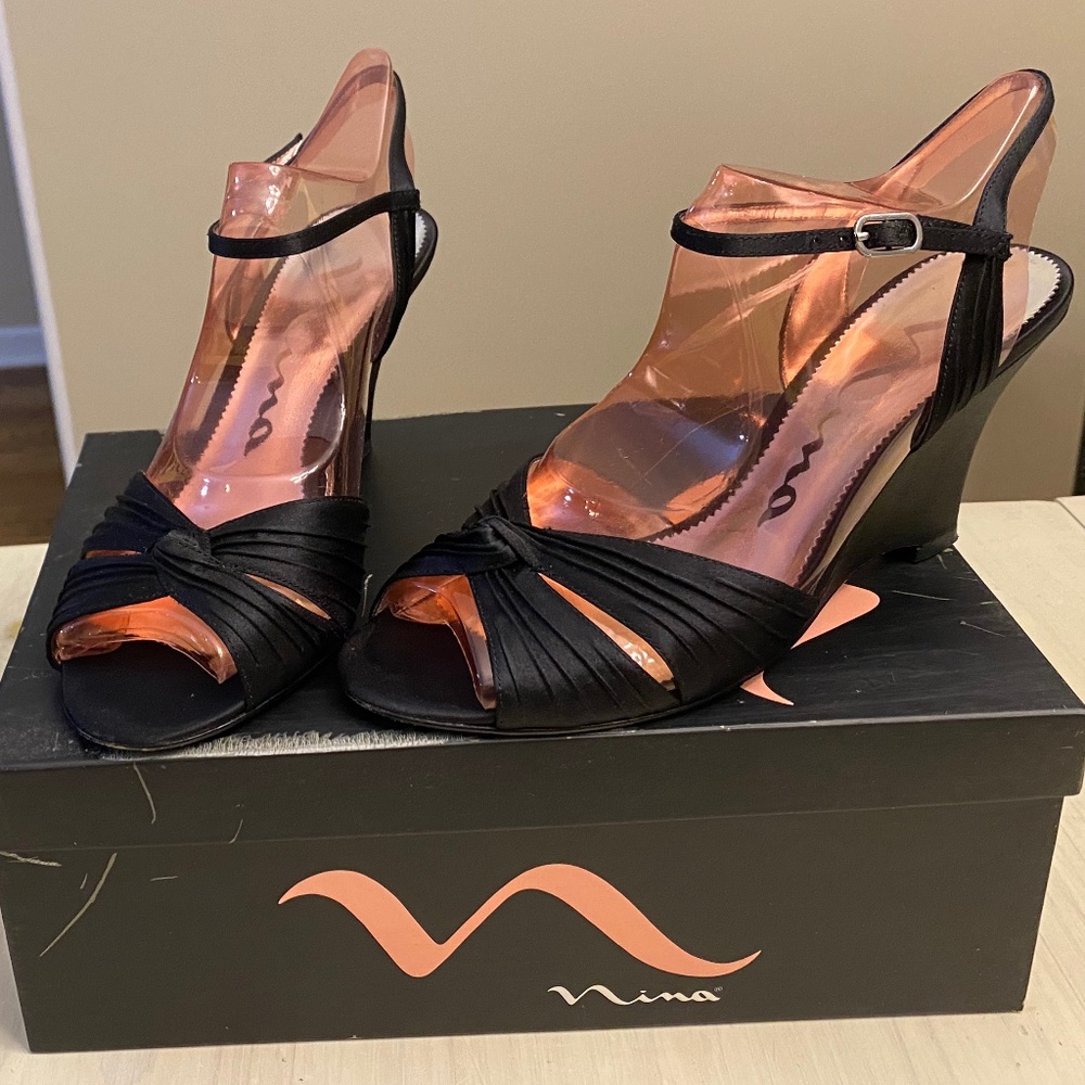 Nina brand black satin dress shoe with pleated detail and 3" wedge heel